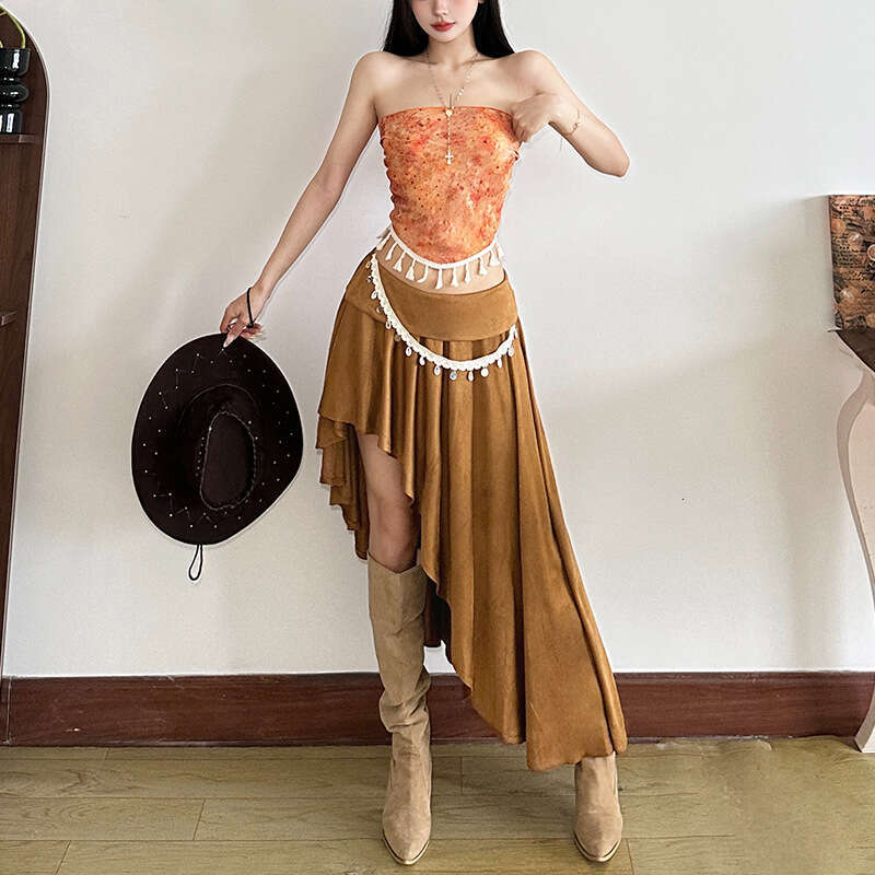 2025 Summer New Printed Slim Fit Tube Top Versatile Small Strap Irregular Slimming Midi Skirt for Women fa5