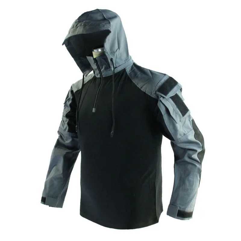 Mens Long Sleeve Combat Shirt 1/4 Zipper Ripstop Hooded Tactical Shirts Navy Blue Camoufalge Airsoft T Shirts Fishing Tops Y250724