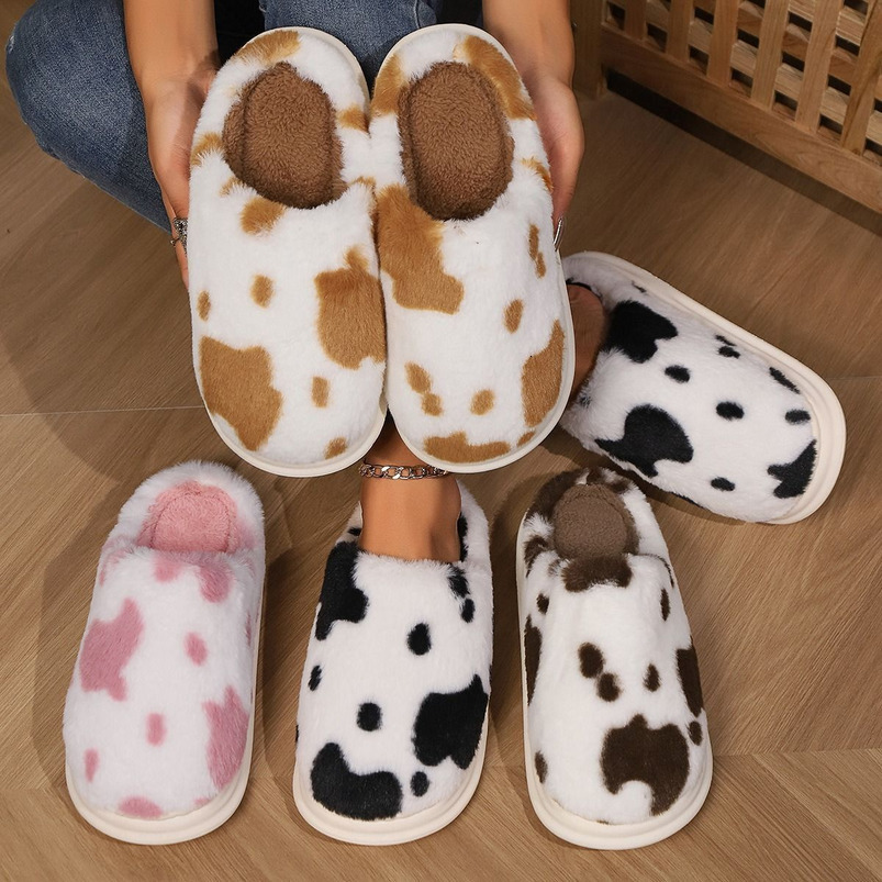 Spotted Furry Home Non-Slip Cotton Women's Fleece-Lined Warm Winter Thick-Soled Slippers Men's