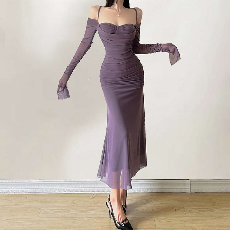 2023 Autumn Winter New Fashion Sexy Solid Color Sleeve Strap Long Dress eb3