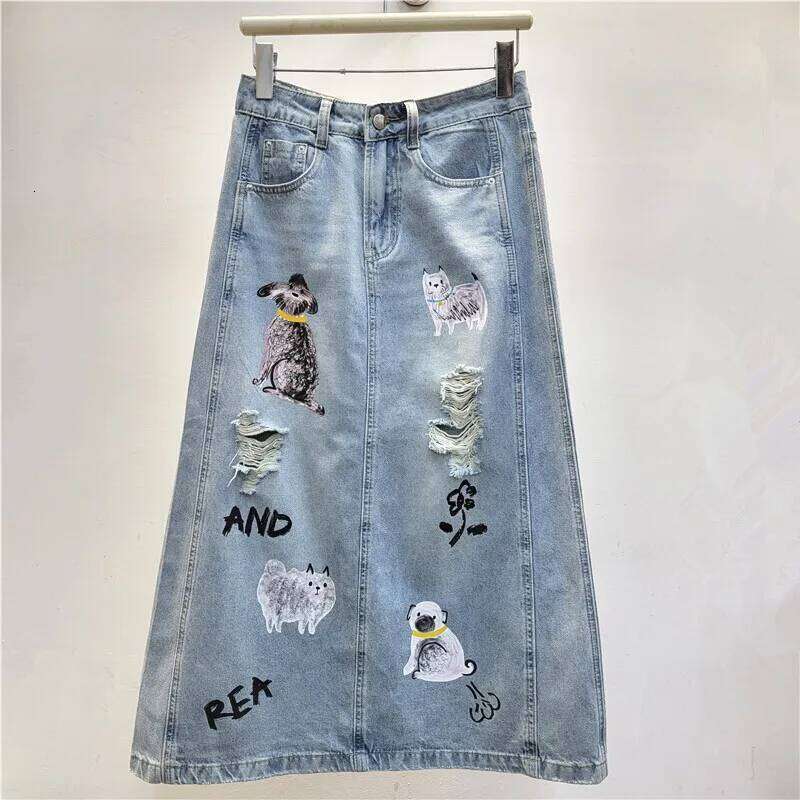 Women's Denim Skirts Cat Dog Printed Broken Holes Split A-Line High Waist Long Skirt Summer 2025 New Fashion 29A1481