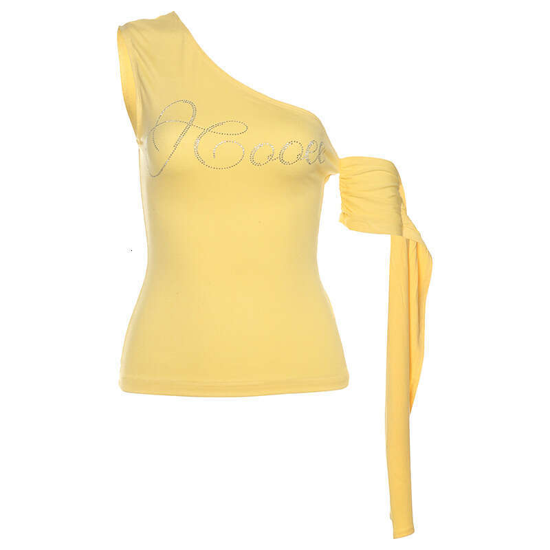 2025 Spring New Women's Fashion Solid Color Slim Fit Fashionable Asymmetrical Neck Single Shoulder Rhinestone Sleeveless Vest for Women 0f7