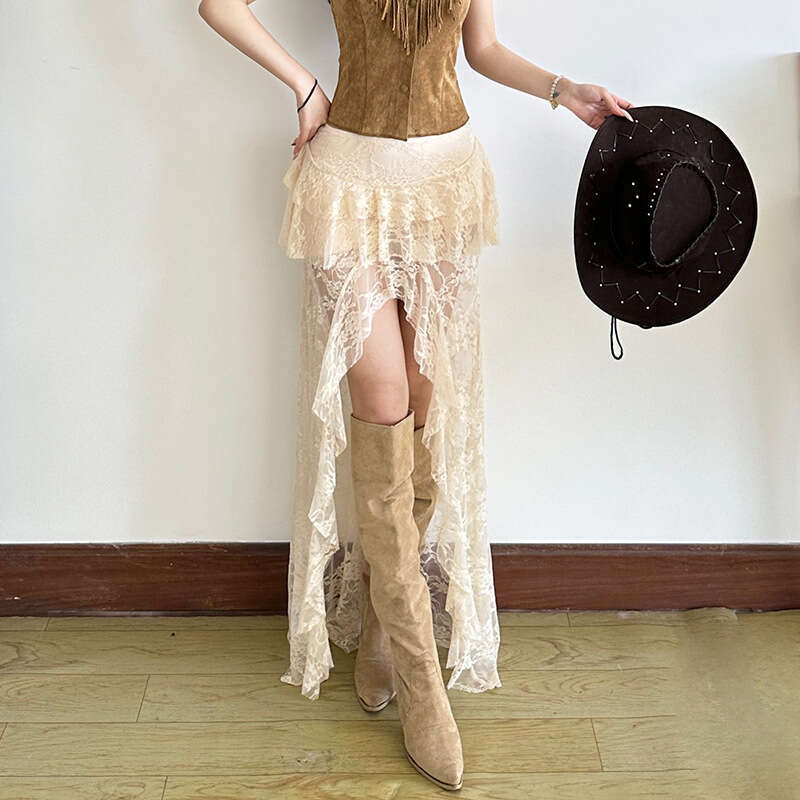 2025 Summer New Women's Solid Color Sexy High Waist Lace Mesh Split Skirt 819