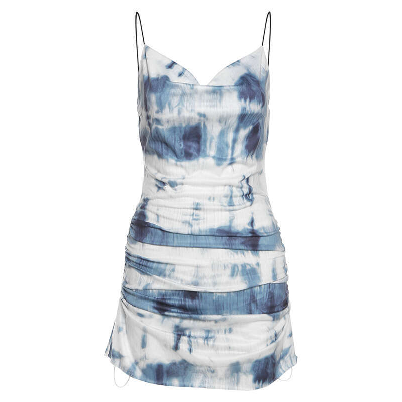 2021 Summer New Women's Color-Block Slim High-Waist Fashion Ruched Print Sexy Strap Dress a49