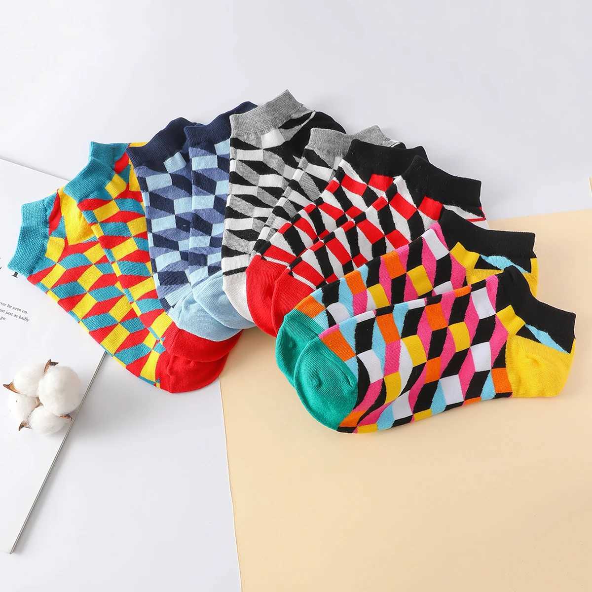 5 Pairs/Pack Men Spring Summer Thin Breathable Cotton Ankle Socks Geometry Pattern Fashion Casual Short Socks X250725