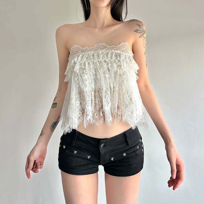2025 Summer New Women's Fashion Street Style Sexy Lace Trim Strapless Two-Piece 8e0