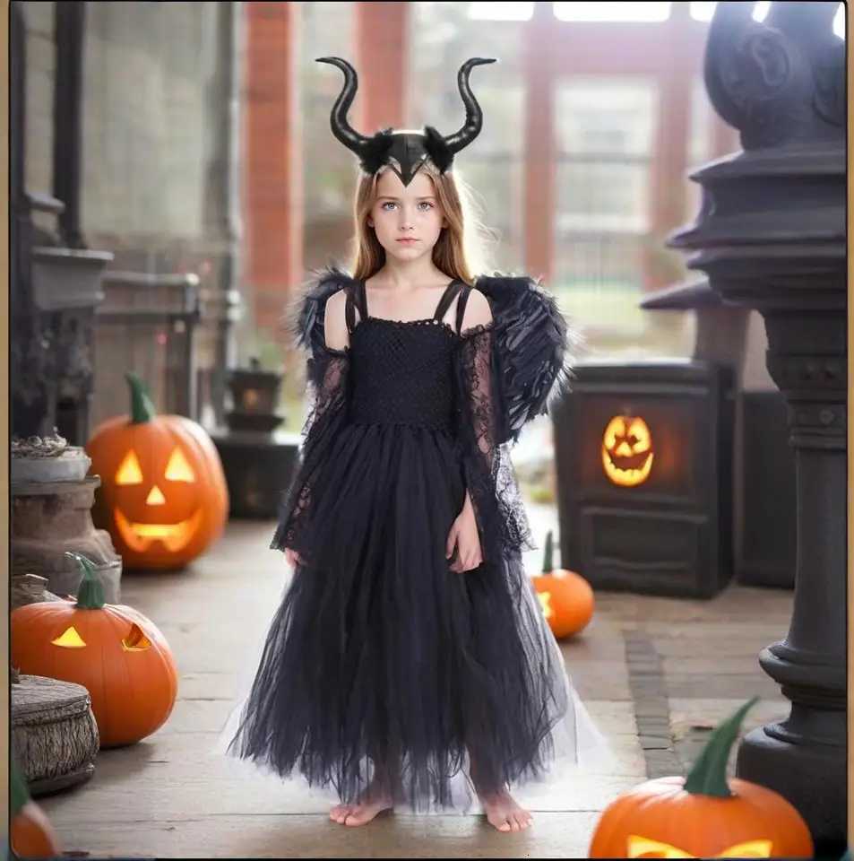 Carnival Costume Maleficent Tutu Girls Cosplay Evil Queen Black Mesh Princess Dress Childrens Raven Wand Demonic Witch Dress Z250725