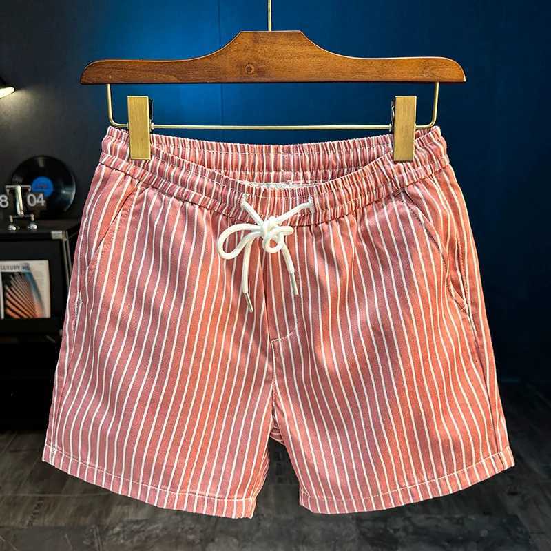 2025 Summer New Striped Quarter Pants Mens Casual Slimming Straight Tube Ice Feel Drawstring Beach Shorts W250724