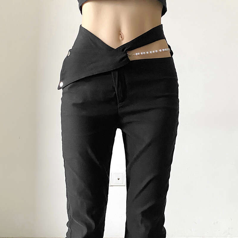 2022 Spring New Women's Fashion Solid Color Slim High Waist Fashionable Design Hollow Flared Pants a49