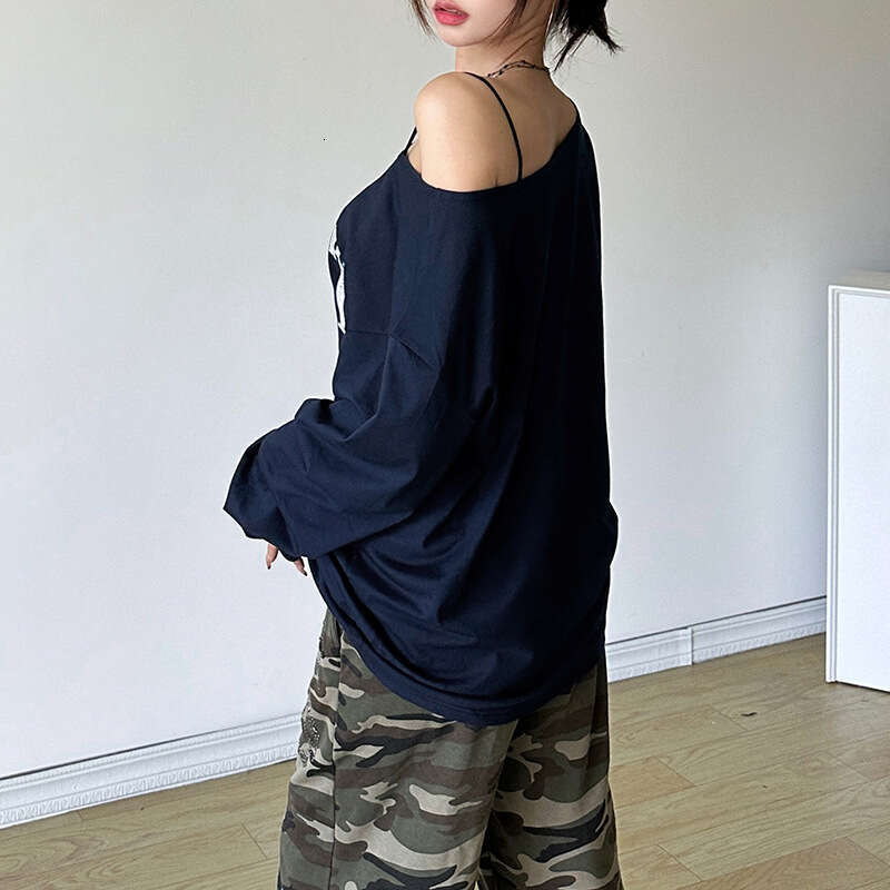 2024 Autumn New Women's Solid Color Loose Street Style Fashion Asymmetrical Neck Printed Long Sleeve Top 1e4