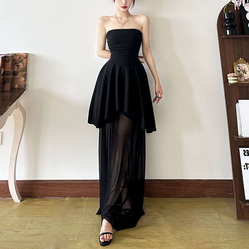 2025 Spring New Women's Solid Color Slim Fit High Waist Fashion Off-Shoulder Tube Dress 9be