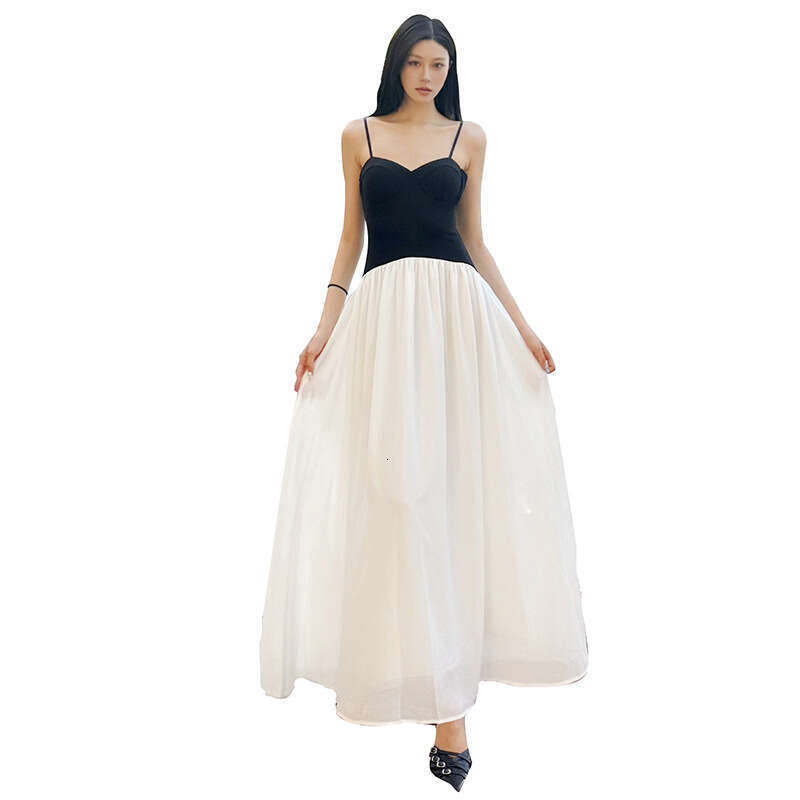2025 Summer New Color-Block Patchwork Niche High-End Slim Fit Elegant Off-Shoulder Sleeveless Dress a74
