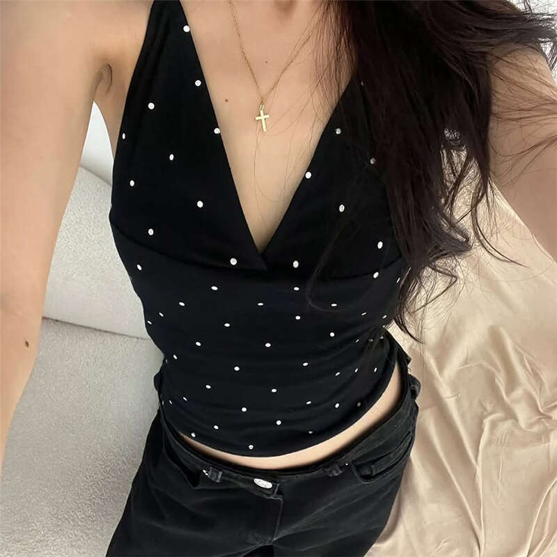 2025 Summer New Halter V-Neck Polka Dot Print Sleeveless Slim Fit Versatile Crop Top 635