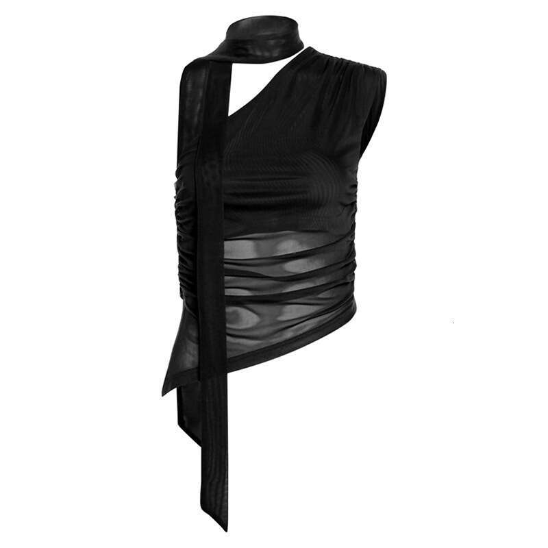 2024 Summer New Women's Solid Color Slim Street Fashion Asymmetrical Neck Mesh Sleeveless Top 009