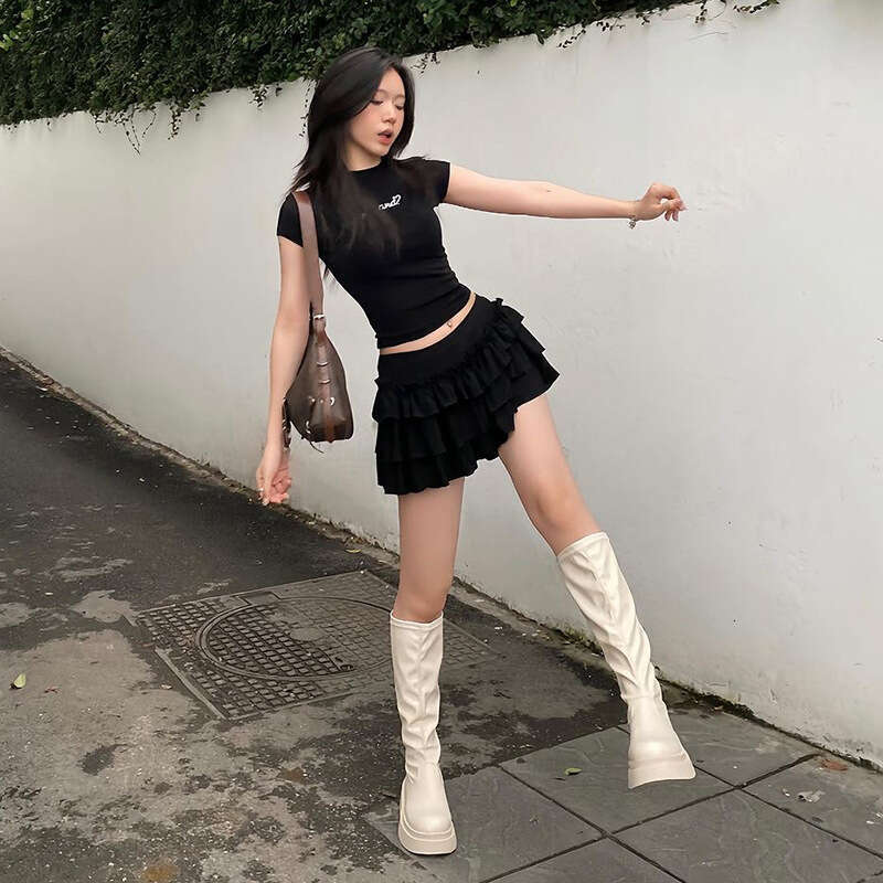 2024 Summer New Women's Solid Color Short Sleeve Crop Top T-Shirt High Waist Skirt 47d