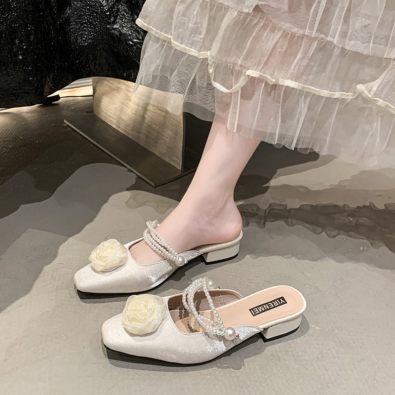 Ddmysports Fairy Style Flower Pearl Sandals For Women Summer Fashion Slip On Closed Toe Outdoor Lightweight Chunky Heel Slippers Outdoor Shoes