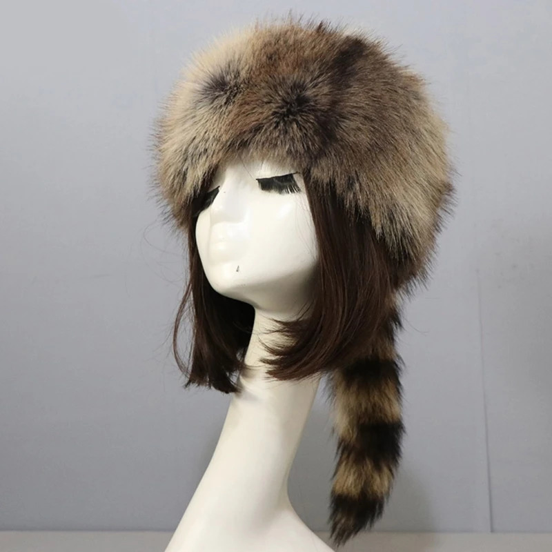 Plush Russian Style Flat Top Hat Winter Mongolian Hat Thickened Plush Raccoon Tail Hat for Adults Teens Keep Warm Hat Wholesale 250724