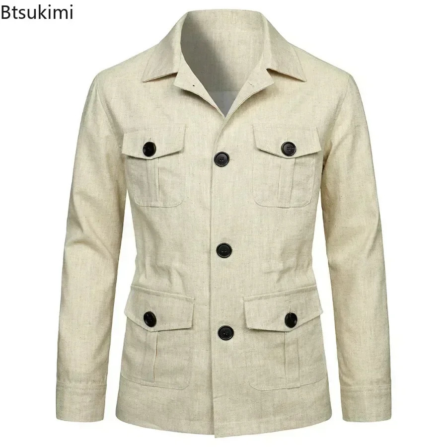 2025 British Style Mens Linen Safari Jackets Fashion Vintage Multi Pockets Cargo Jacket Streetwear Gentry Casual Outerwear Male 250717
