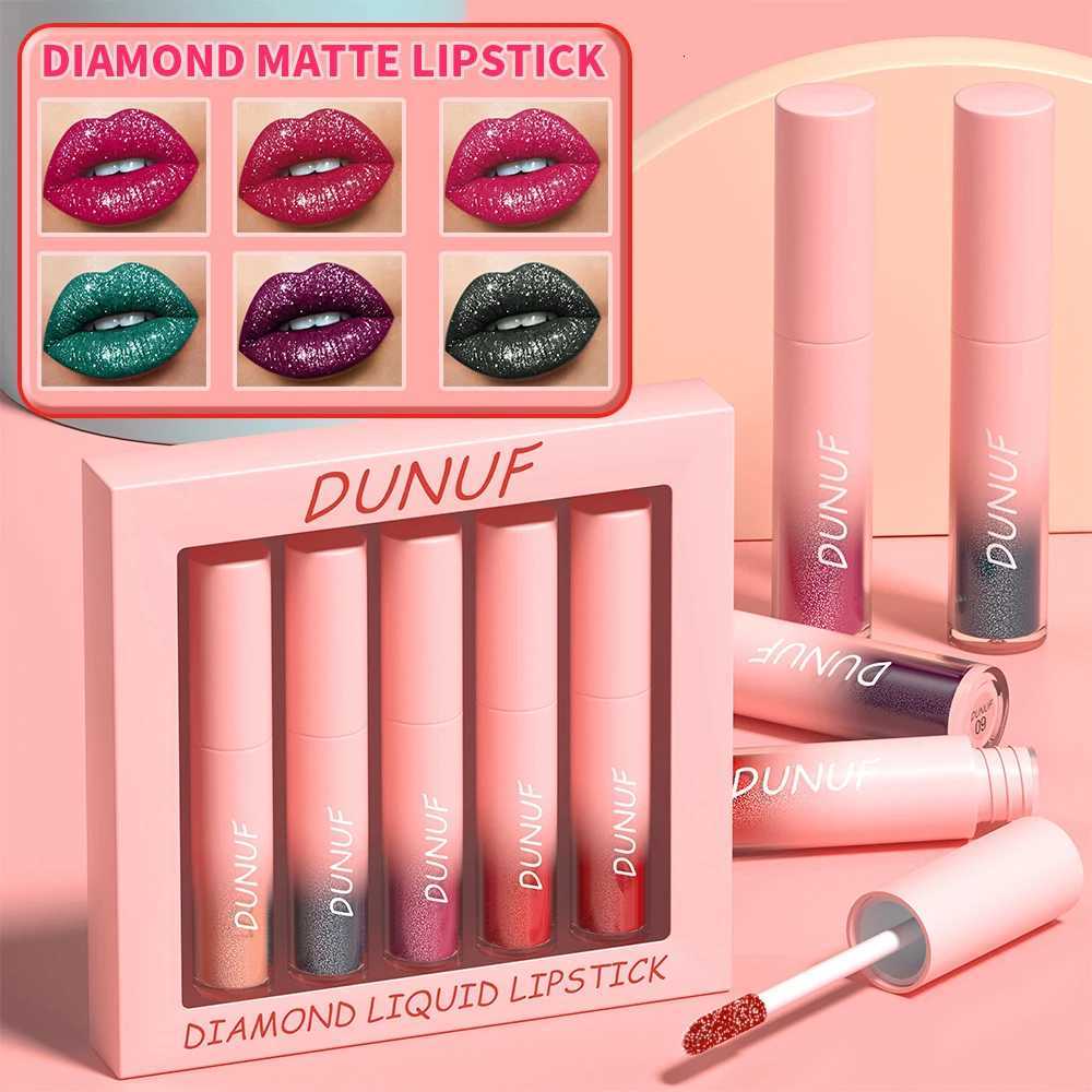 DUNUF 5-piece Set of Matte Diamond Sparkle Lipsticks and Lip Gloss Waterproof and Transfer-proof Lipstick SetXJ250724