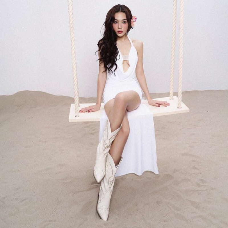 2024 Summer New Style Solid Color Sexy Halter Neck Fashion Hollow Deep V Bodycon Dress fcf