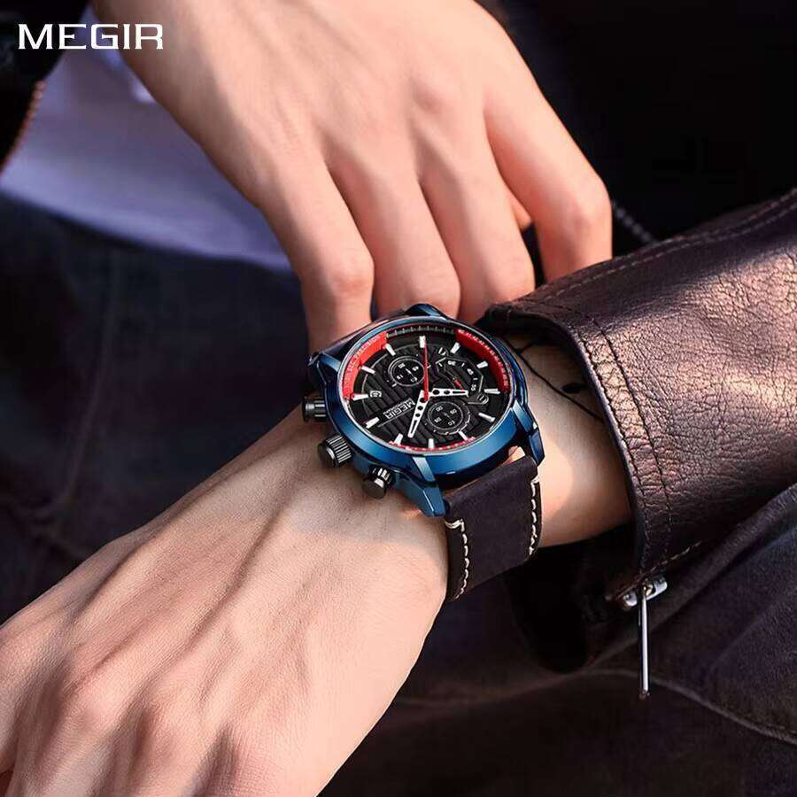 MEGIR Men's Oversized Chronograph Watch - 53mm Genuine Leather, Waterproof, Luminous - Bulk Wholesale Watch