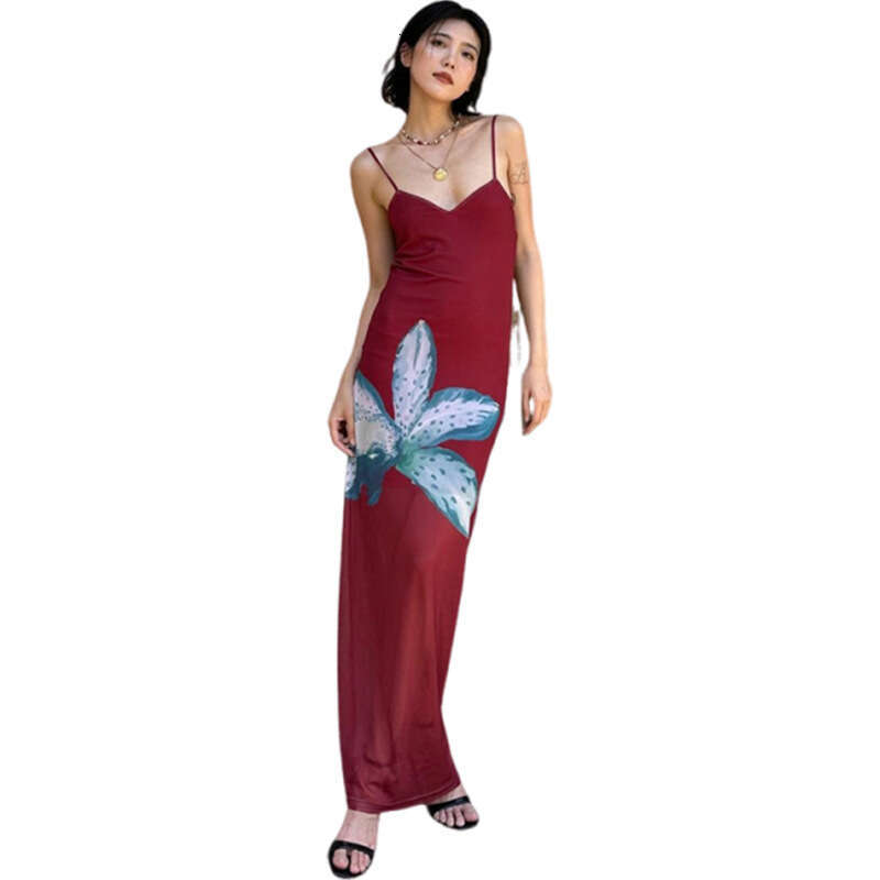 2025 Summer New Elegant Sexy Printed Slim Waist Slimming High-end Strap Dress for Women 0ee