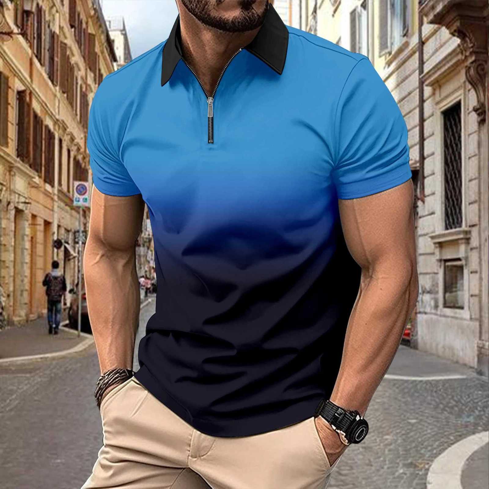 Men Clothes Summer Slim Fit Short Sleeve Fashion Gradient Color Lapel Polo Shirt Men Fashion Golf Zipper Tops Comfortable Polo XJ250725