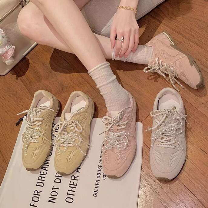 2025 Spring New Thick-Soled Sports Comfortable Soft Sole Breathable Dad Pearl Lace-Up Silver Casual Women's Shoes