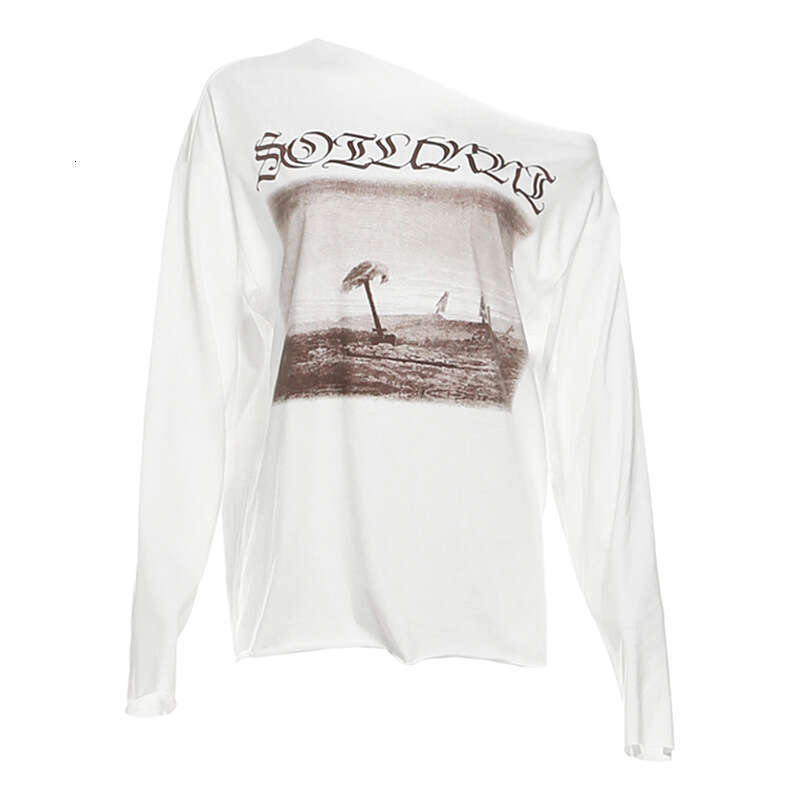 2024 Summer New Women's Solid Color Loose Street Fashion Asymmetrical Neck Long Sleeve Mid-Length Top ca8