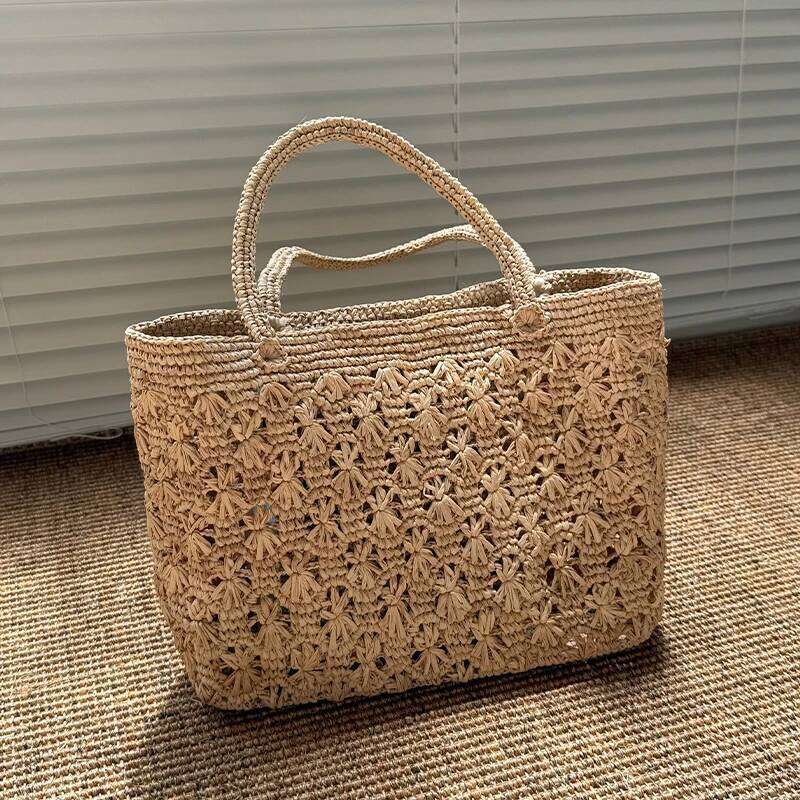 Style Bohemian Lafite Handwoven Straw Single Shoulder Holiday Beach Vacation Tote Women's Artistic Floral Hook Bag