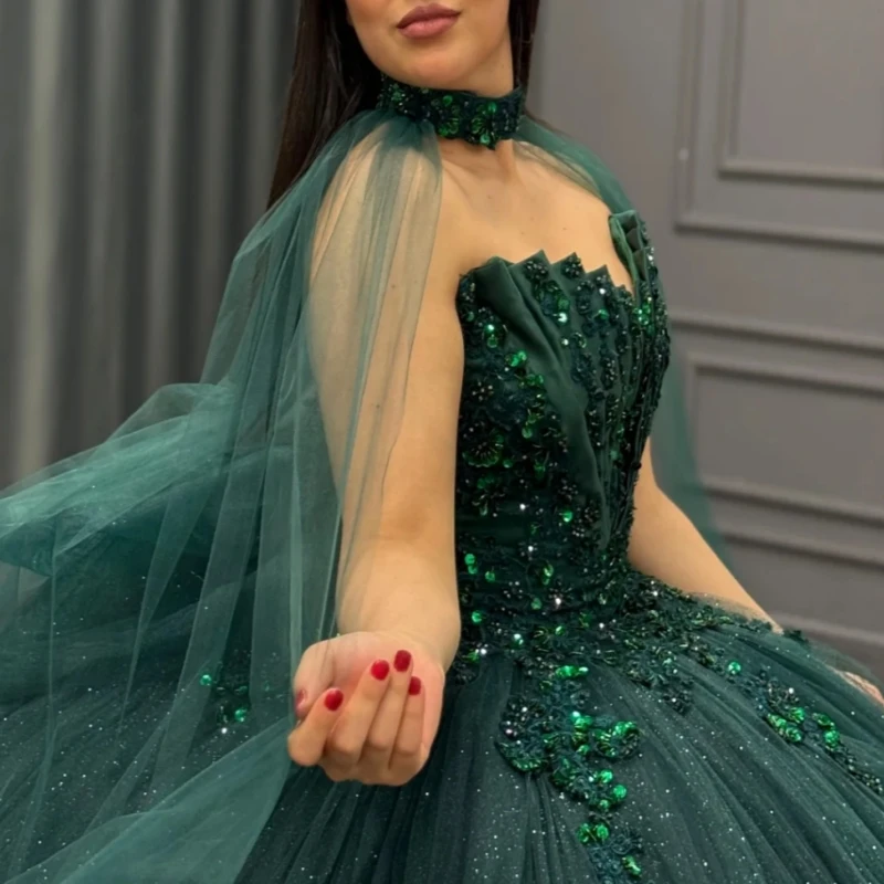 Blackish Green Shiny Quinceanera Dresses Off Shoulder Ball Gown Sweet 16 Dress Applique Beading Bow Tiered Tull Birthday Party Vestidos 15 Anos