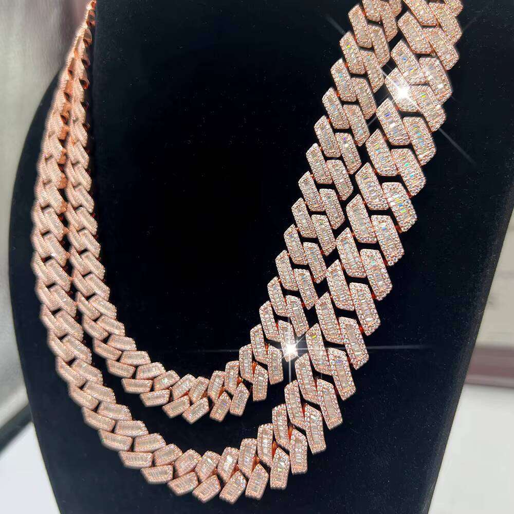 15mm Baguette Iced Out Sier Hiphop Men VVS Dia Moissanite Cuban Link Chain