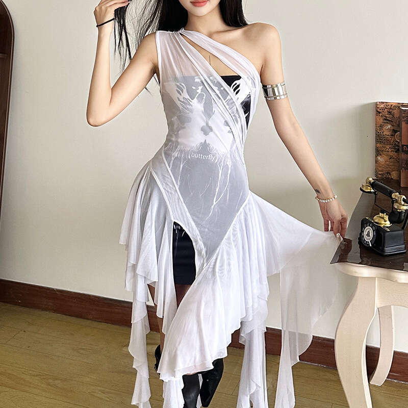 2025 Summer New Sexy One-Shoulder Sleeveless Mesh Two-Piece Irregular Slit Dress for Women 967