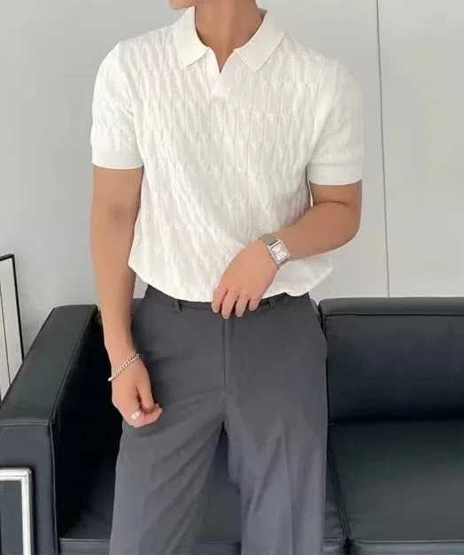 Fashionable and Popular Korean Version Solid Color Slim Fit Ice Silk Polo Shirt Short Sleeved Mens Casual Lapel Base Shirt XJ250725