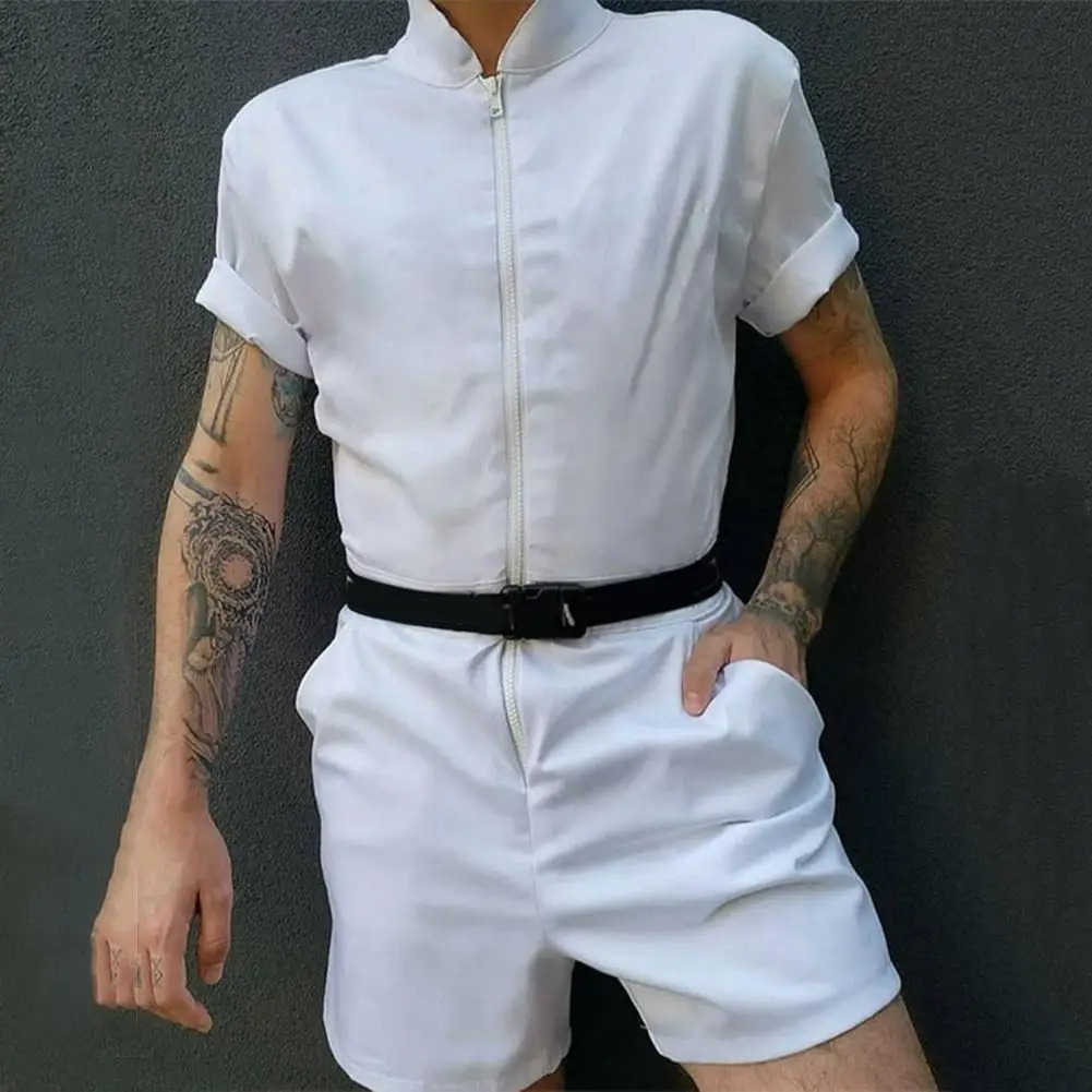 Stylish Men Overall Shorts Zipper Temperament Slim Short Sleeve Romper Male Jumpsuit Streetwear 250725