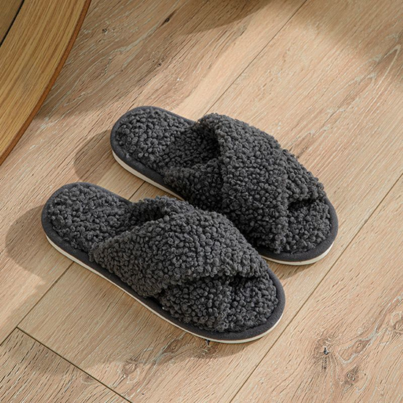 Ins Style Furry Cross Strap Home Comfortable Plush Cotton Slippers for Women
