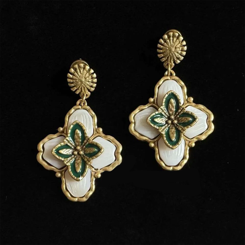 Vintage Pendant Designer Jewelry Green Flower Earrings