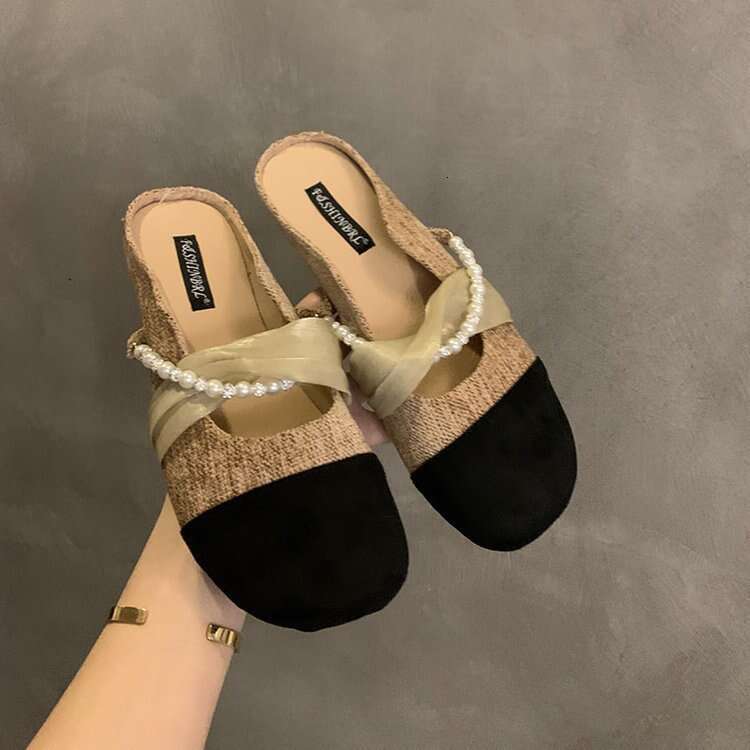 French Style Flat 2025 Pearl Pointed Toe Half Slippers Mary Jane Shoes for Women