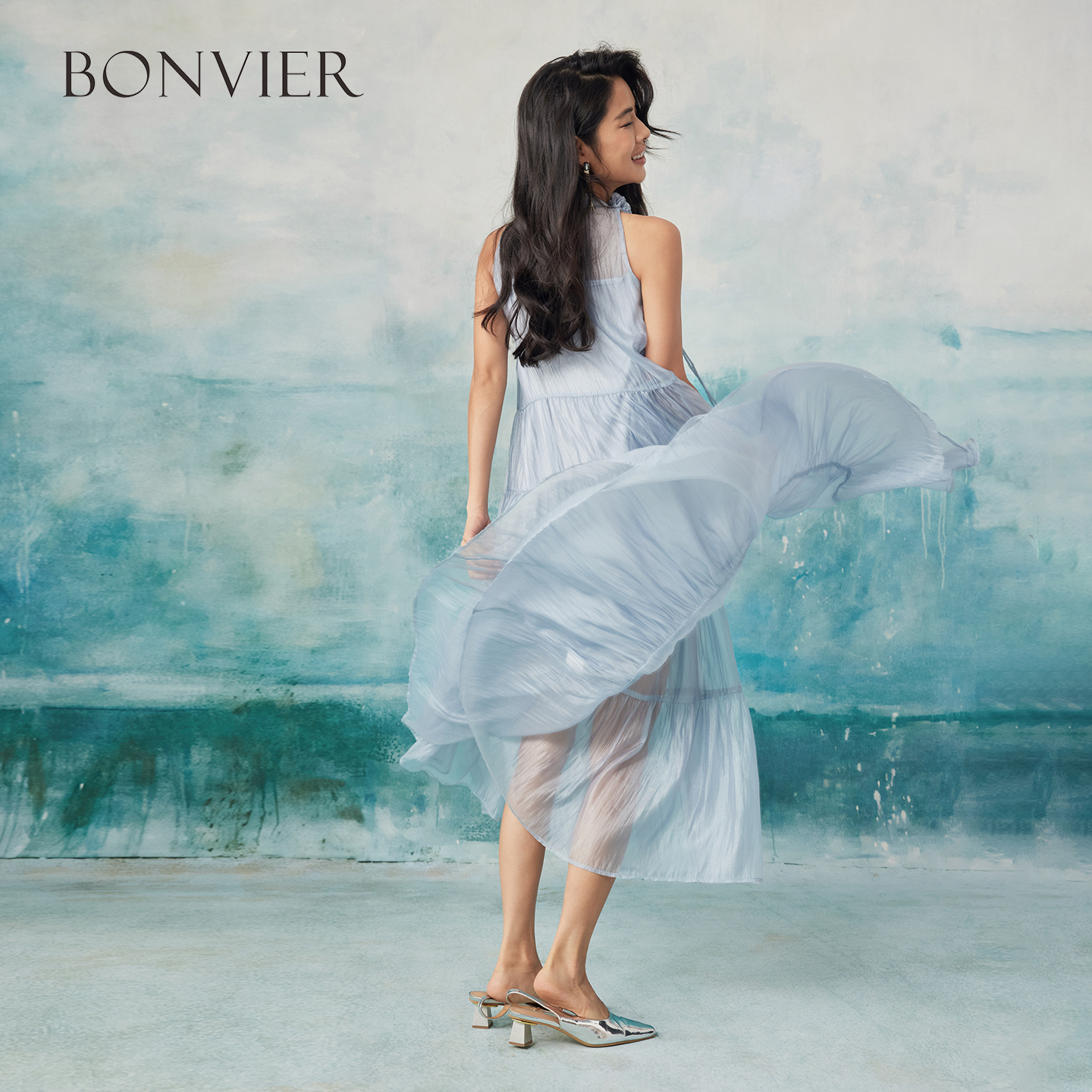 2025 summer new three-dimensional flower temperament cake skirt elegant long skirt holiday style sky blue halter neck skirt 6116808