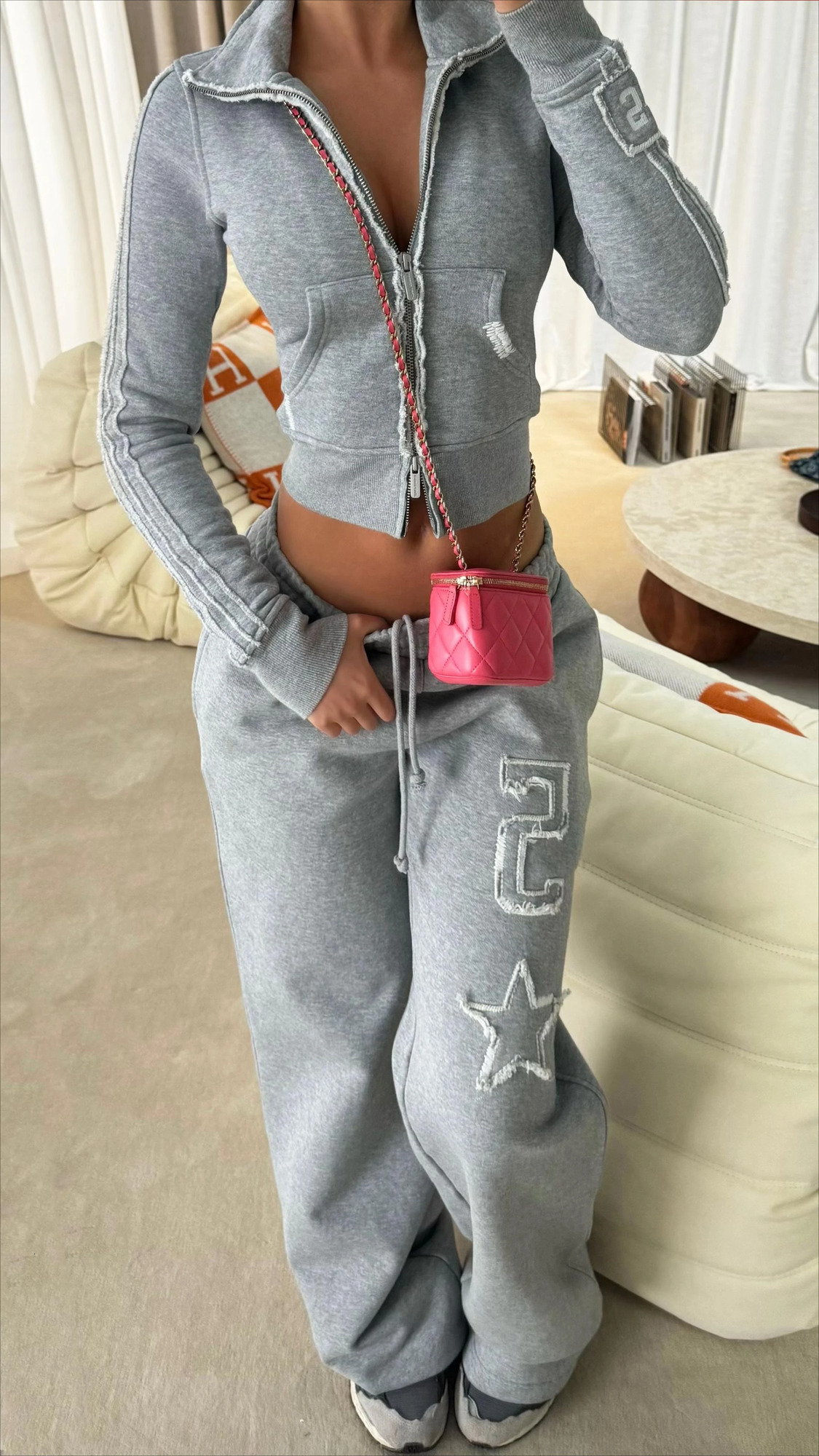 2K Fashion Light Gray Zipper Sportswear Outfits Women Goth Letter Graphic Patch Jacket Sweatshirt Harajuku Straight Sweatpants 250723