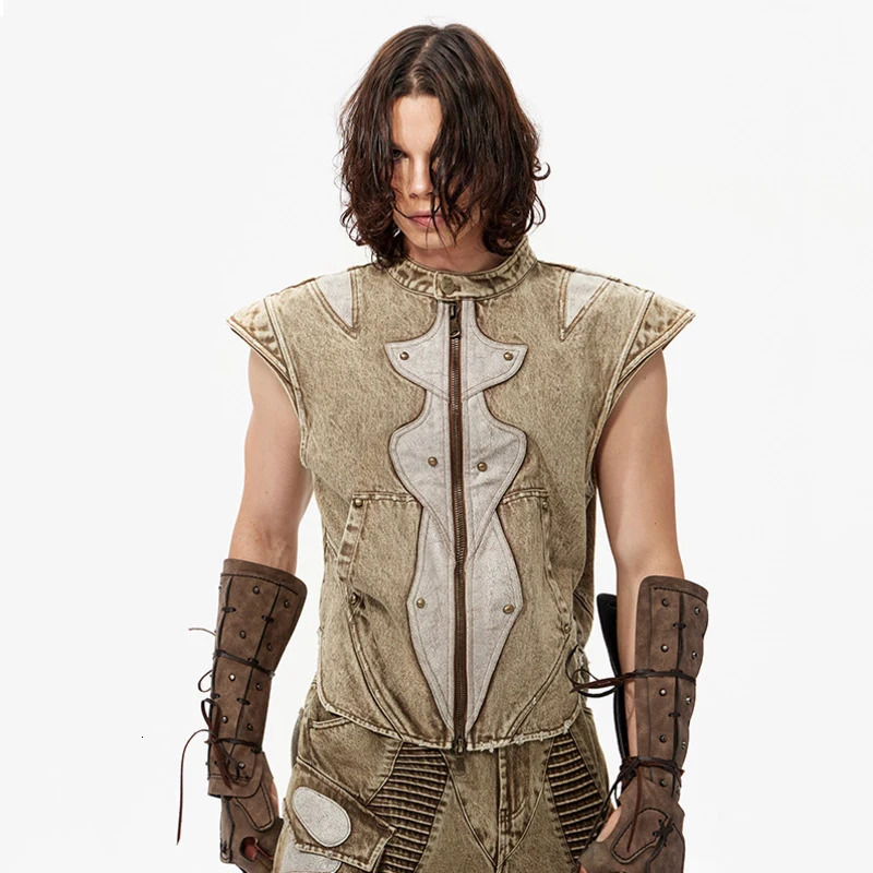 FEWQ PU Leather Splicing Sleevless Male Denim Vest Contrast Color Stand Collar Washing Summer Loose Mens Coats Niche 24K4262 250725