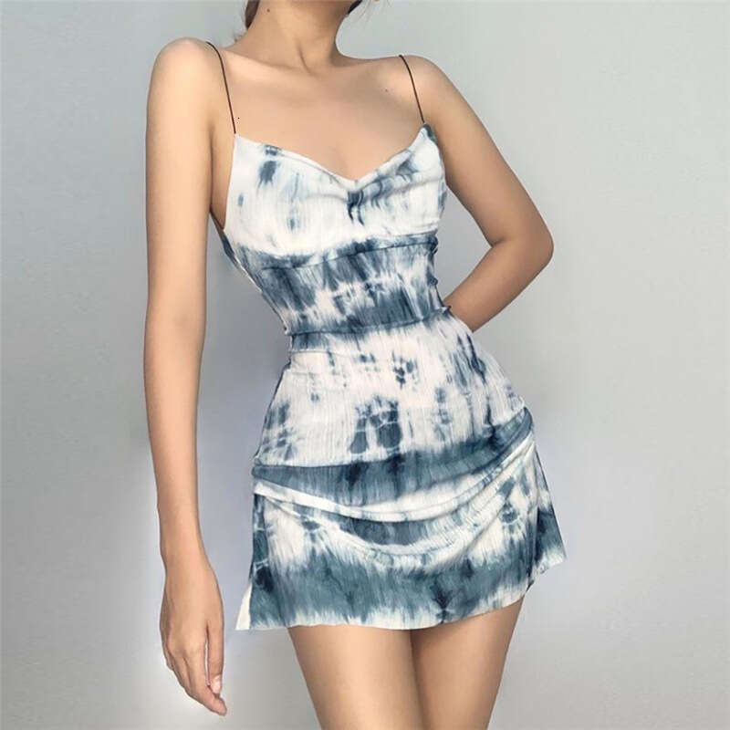 2021 Summer New Women's Color-Block Slim High-Waist Fashion Ruched Print Sexy Strap Dress a49