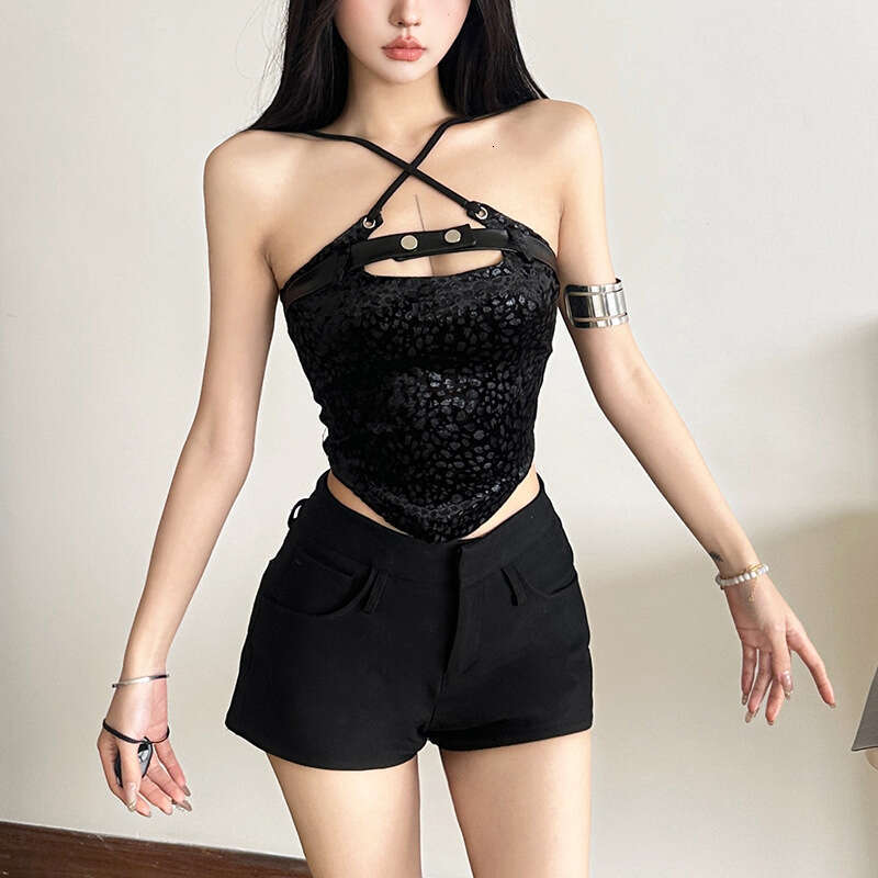 2024 Autumn Winter New Street Fashion Sexy Halter Neck Tie Crop Top for Women 4eb