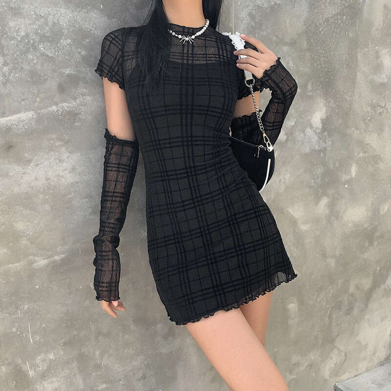 2020 Autumn Winter New Women's Slim Fit High Waist Bodycon Fashion Plaid Three-Piece Dress Set 8a2