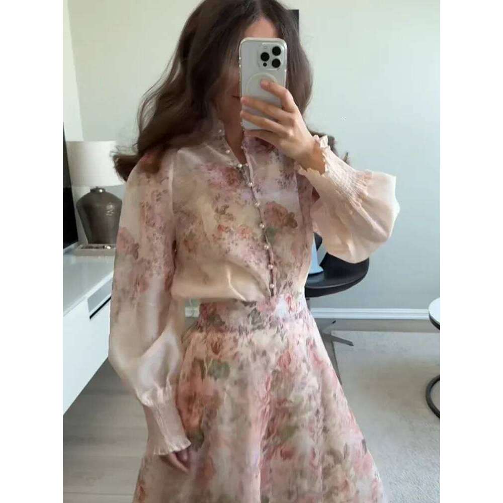 Chiffon Flower Printed Skirt Set Women Elegant Casual Button Shirt High Waist A-Line Long Skirts Suit 2025 Summer Holiday Outfit