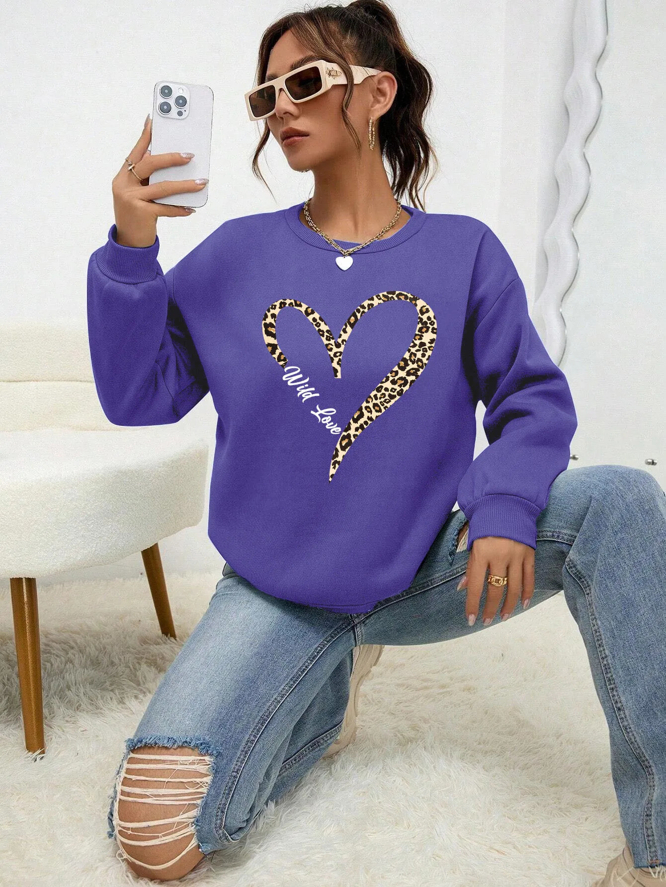 Leopard Wild Heart Pattern Print Female Sweatshirt Street FurLiner Pullovers Hipster Clothing AllMatch Crewneck Tracksuit 250725
