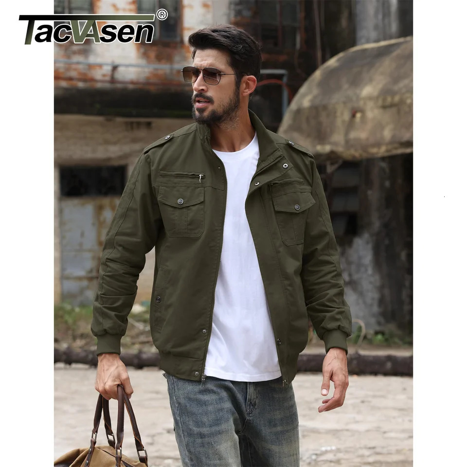 TACVASEN Pilot Bomber Jacket Coats Mens Cotton Cargo Jackets With Zipper Pockets Retro Casual Work Male Clothing Outwear 250717