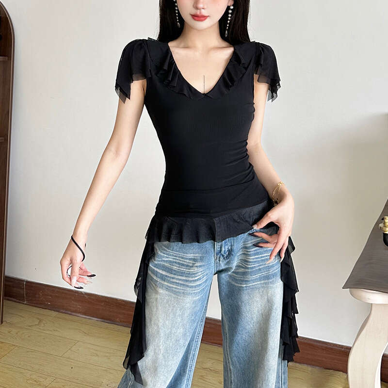 2025 New Summer Women's Solid Color Sexy V-Neck Short Sleeve Slim Mesh Ribbon Top def