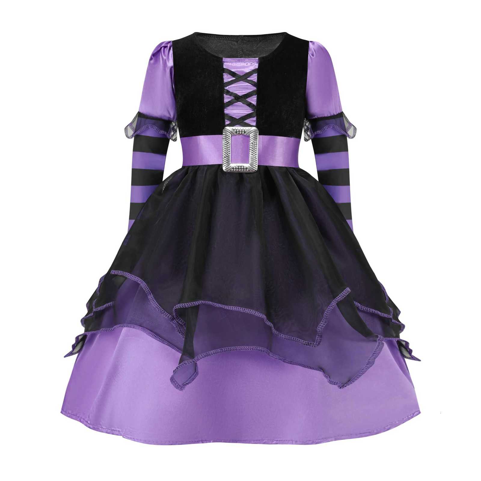 Girls Halloween Witch Costume Purple Mesh Dress with Hat Broom Kids Cosplay Gown for Carnival Magic Villain Role-Play Z250725