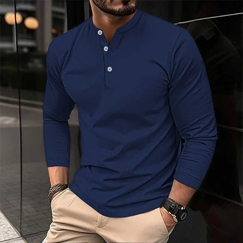 2025 Mens Summer Long Sleeve Henry Polo Casual Breathable Comfortable Polo Shirt Solid High Quality Mens T-Shirt Dropshipping XJ250725